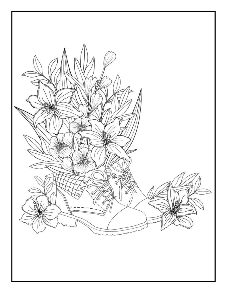 Flowers in shoes coloring page.