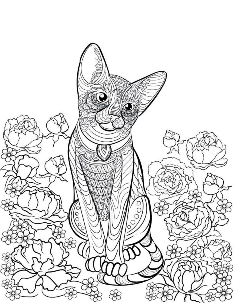 Cat with flowers coloring page.