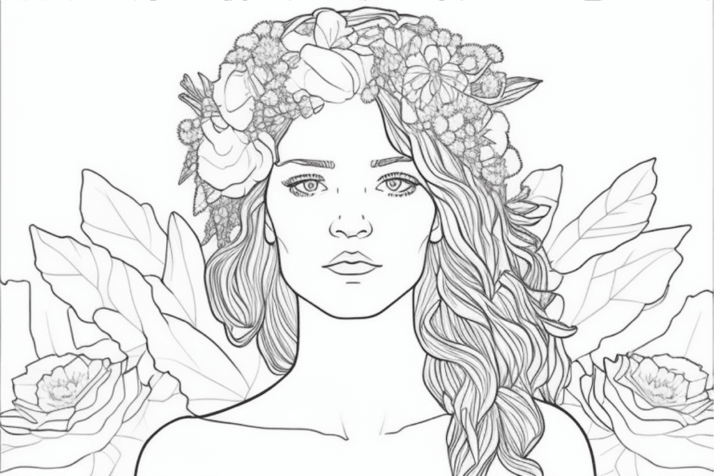 A lady surrounded by florals wearing a flower crown coloring page.