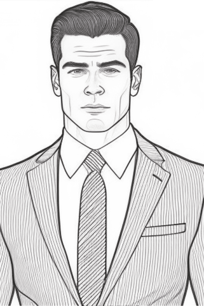 Handsome man wearing a suit coloring page.