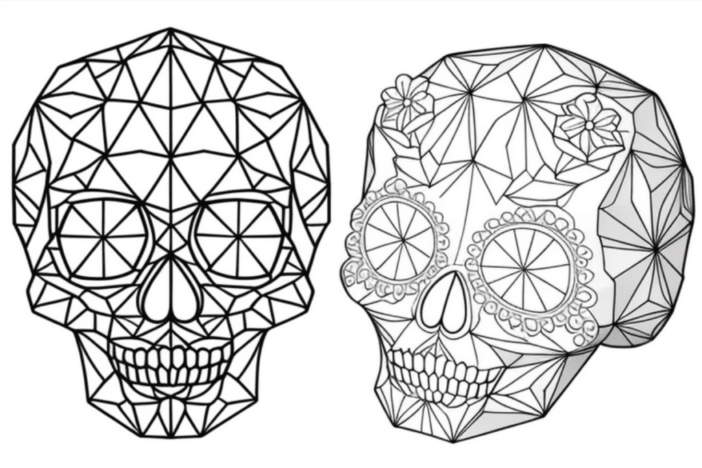 Two geometric sugar skulls coloring page.