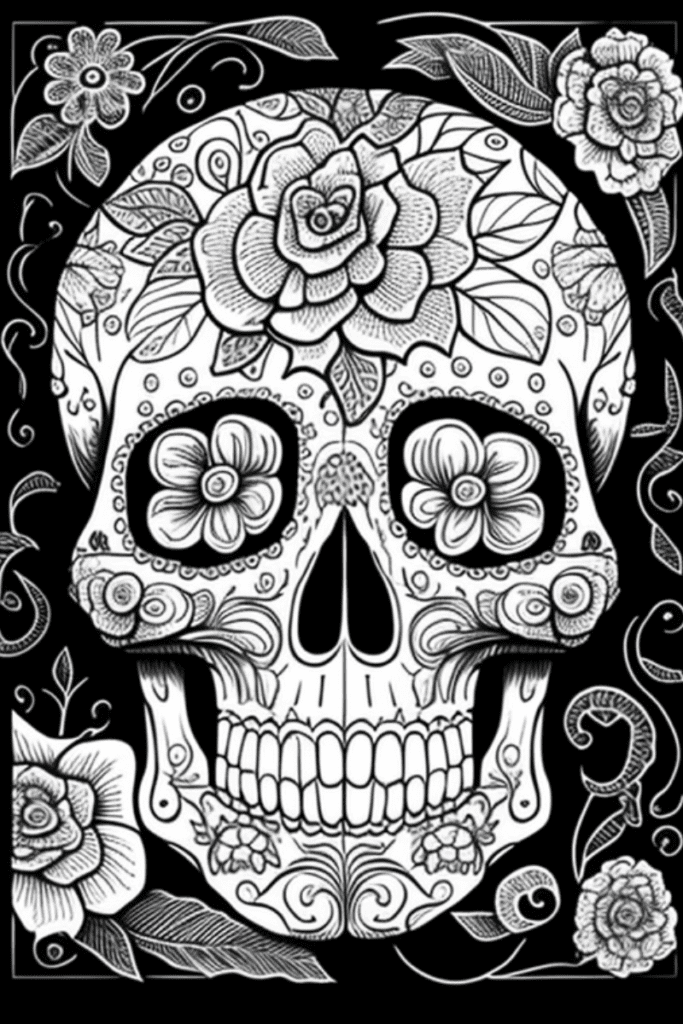 Sugar skull black background coloring page.