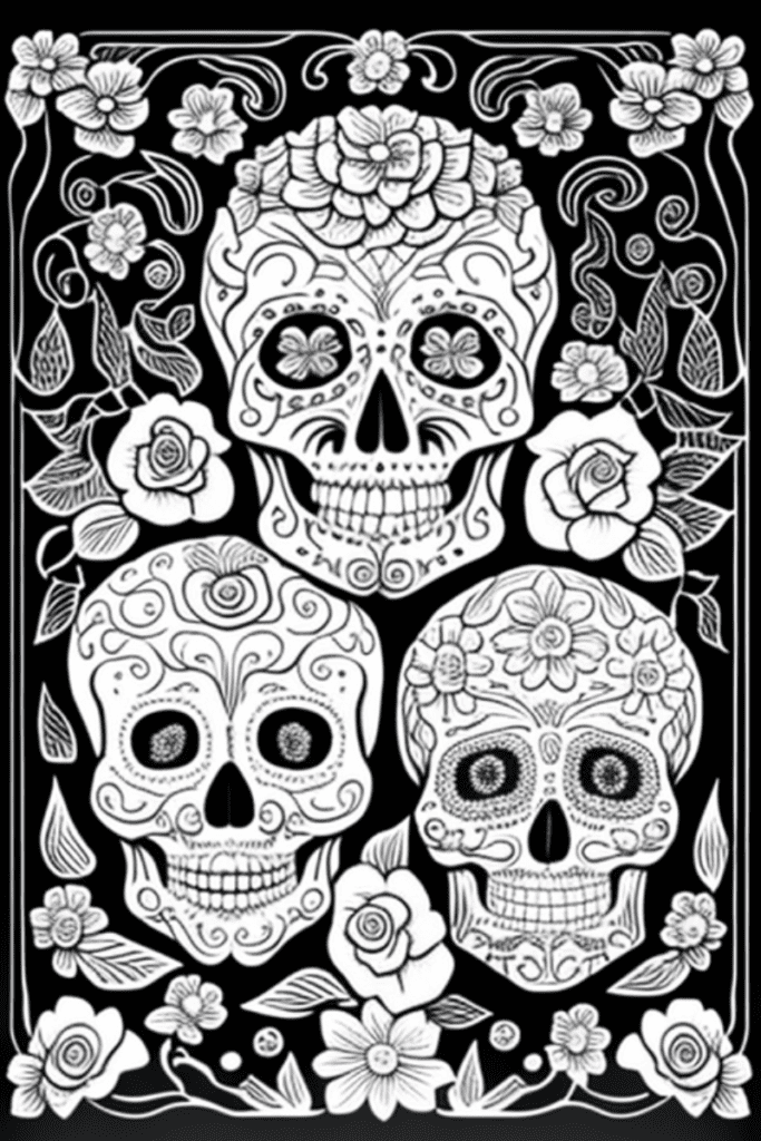 Sugar skull black background coloring page.