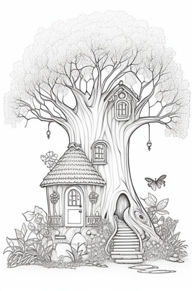 A fairy tree house coloring page.
